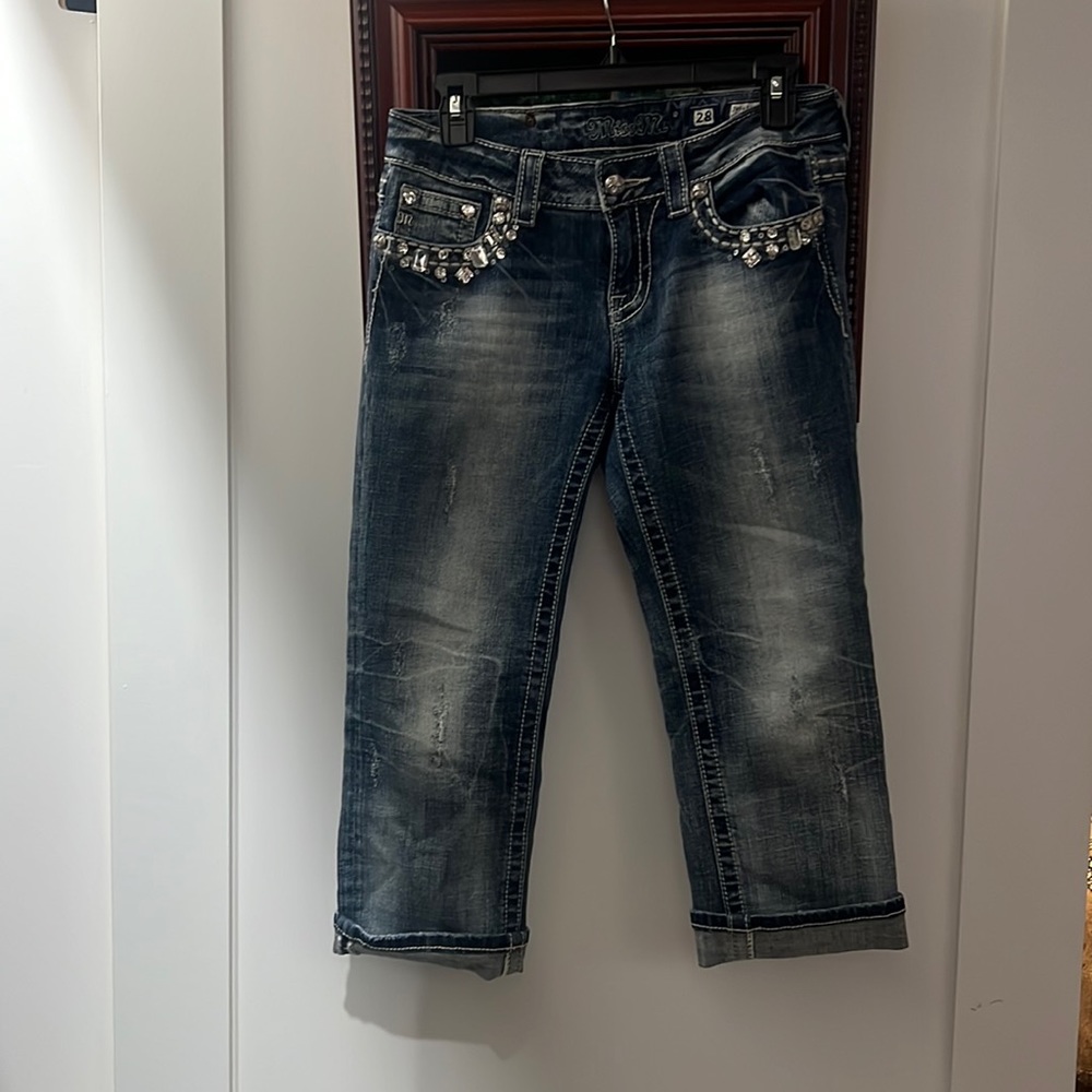 Rhinestoned Miss Me lowrise denim capris